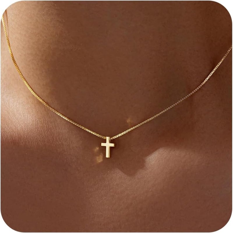 Poxtex Cross Necklace for Women Girls, Dainty 14K Gold Silver Plated Cross Choker Pendant Jewelry Non Tarnish Waterproof Trendy Cute Simple Small Necklace Easter Christian Baptism Religious Faith Jewelry Gifts - Image 1